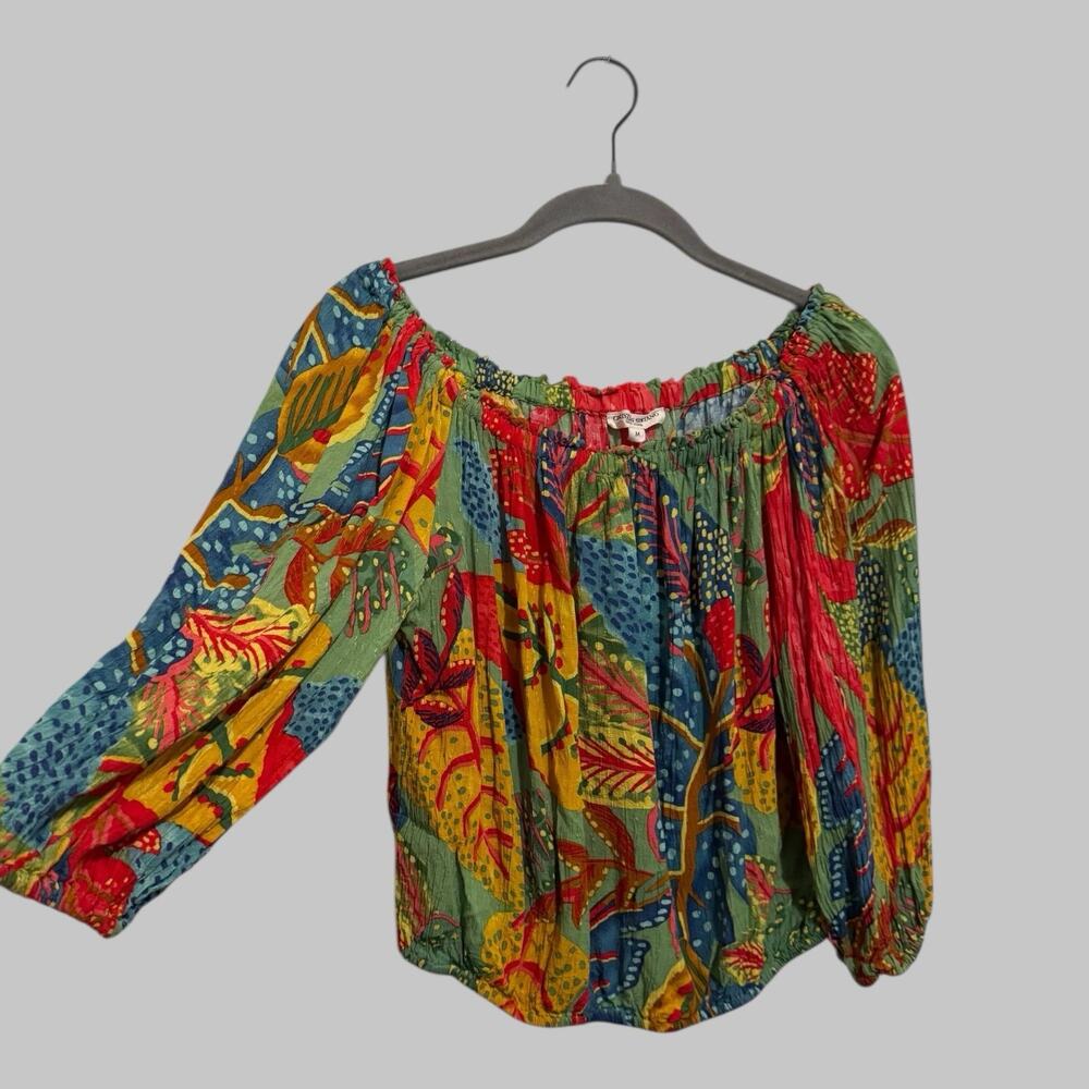 Christian Siriano Off Shoulder Flowy Crop Top Tropical 3/4 Sleeves Resort Size M